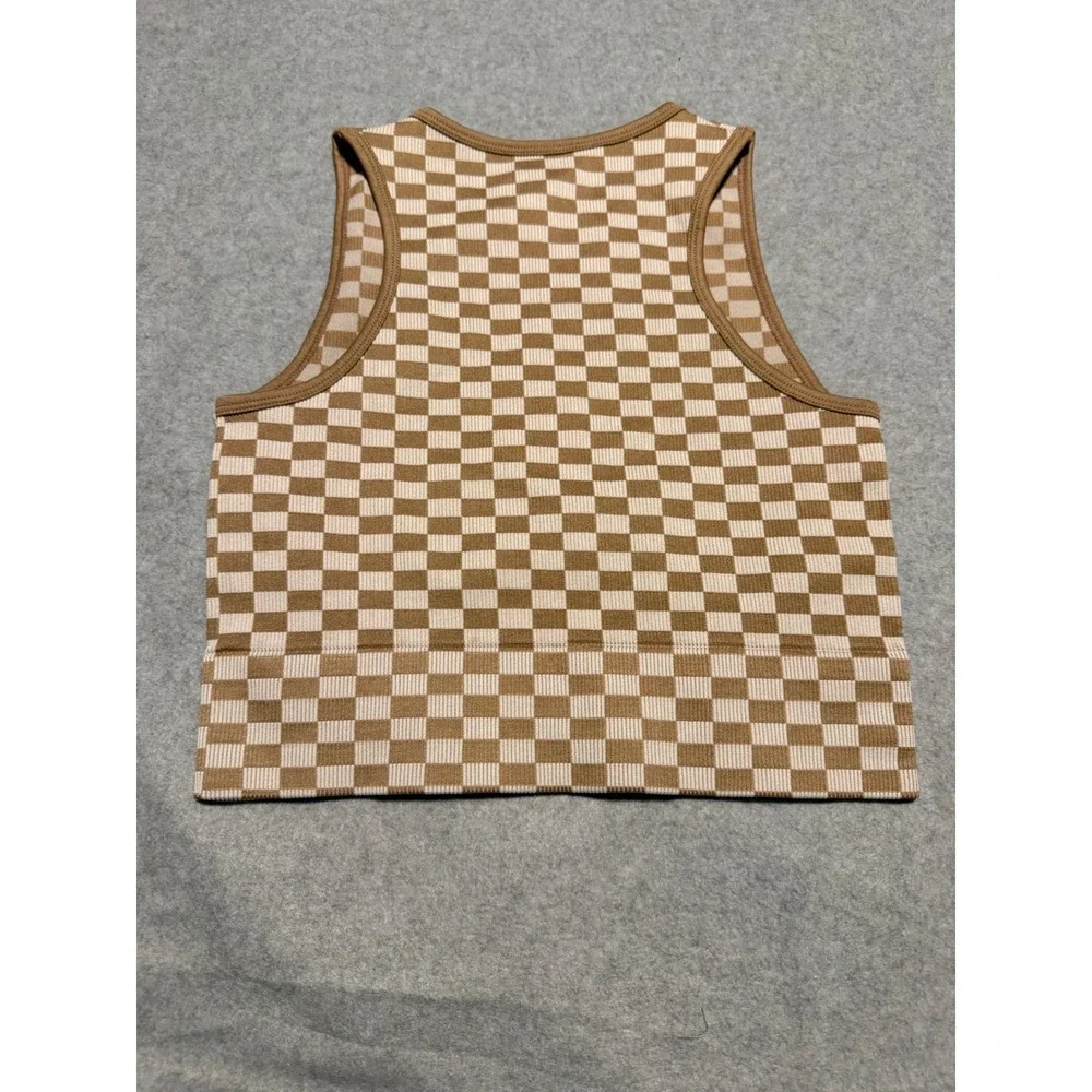 Aura Checkered Crop Tank Top Brown Tan Ribbed Knit Sleeveless Crew Neck M/L